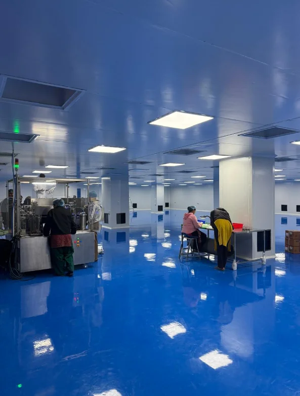 Cleanroom production area with blue floor, ceiling air outlets and equipment